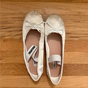White Satin Ballet Flats with Bow and Elastic Strap
